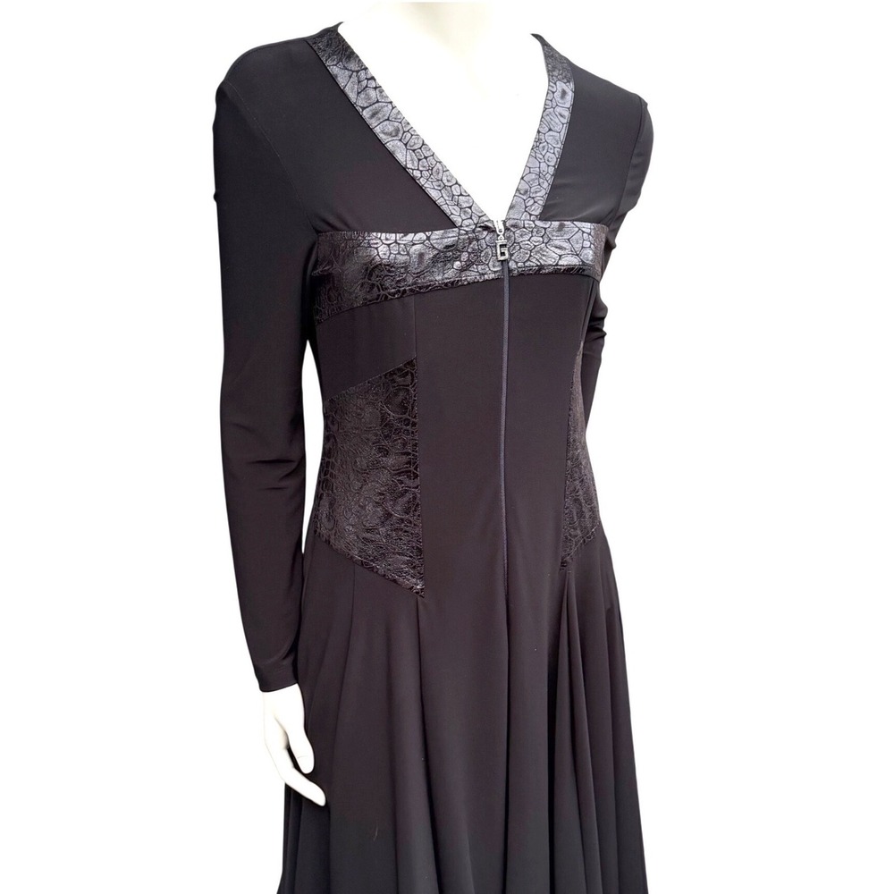 Gumanize Zip Front Midi Dress Vneck Gothic Silver Crack Trim Black Cybercore M
